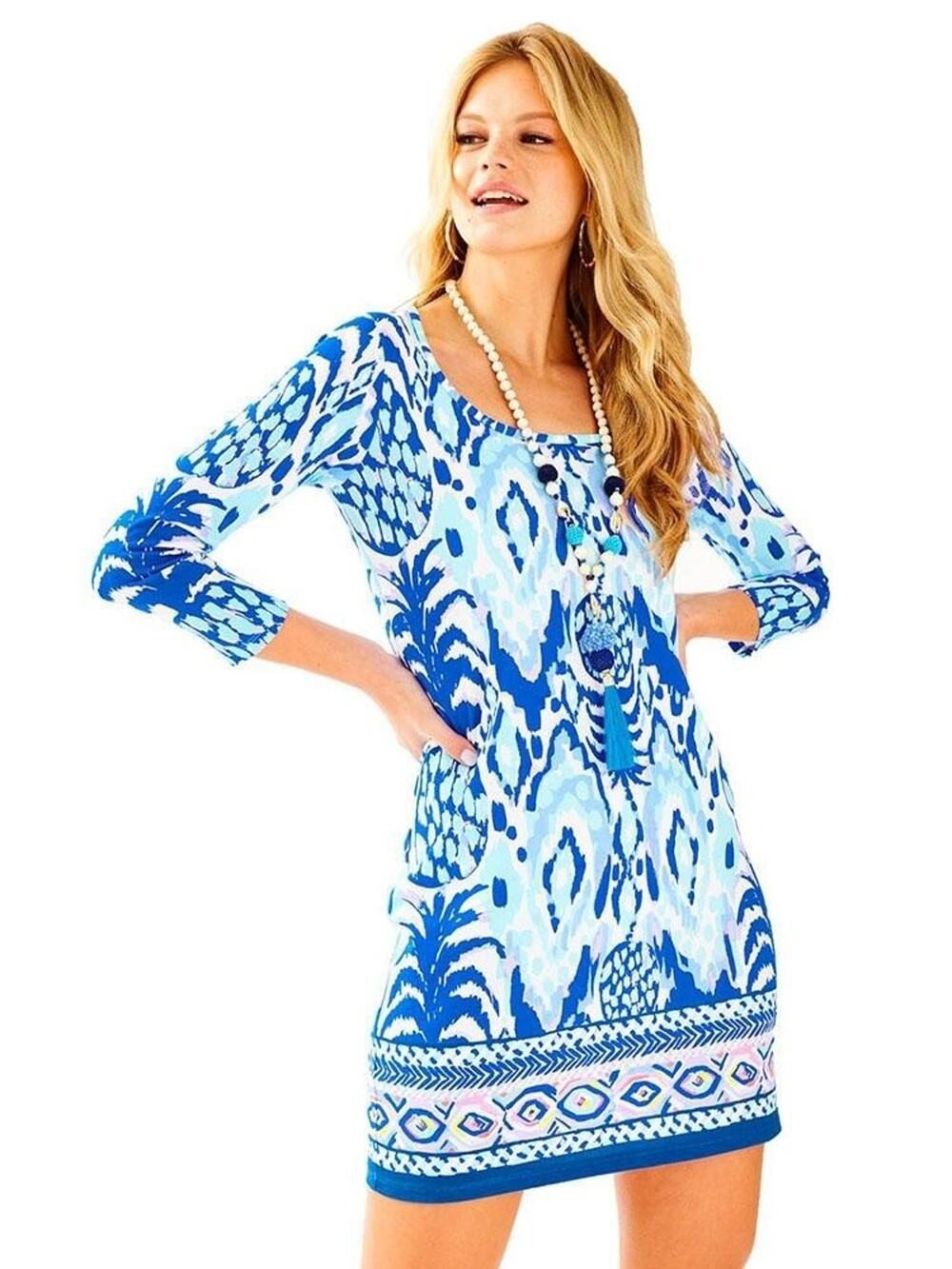 Lilly Pulitzer Beacon Dress Serene Blue 3/4 Sleeve Cotton Mini Scoop Neck L